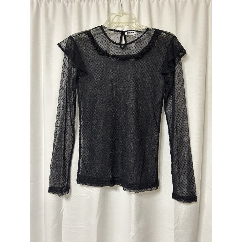 Dizzire Women’s Sheer Black Long Sleeve Dot Mesh Blouse Y2K Witchy Goth M